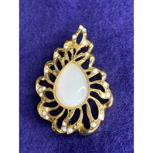 Goldtone Filigree Vintage Brooch White Stone 2.6 Inch